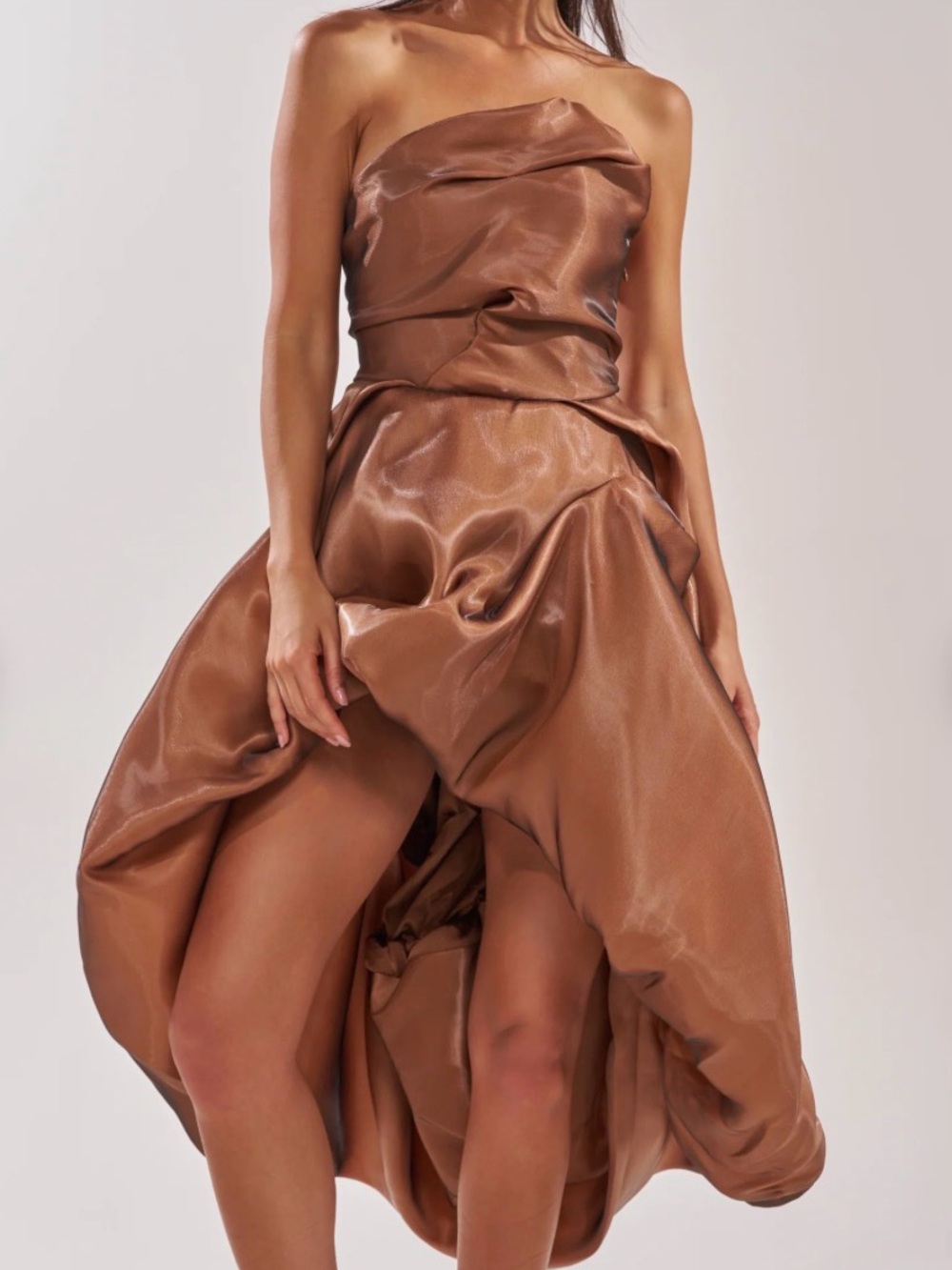 Strapless Satin High-Low Dress in Copper Brown